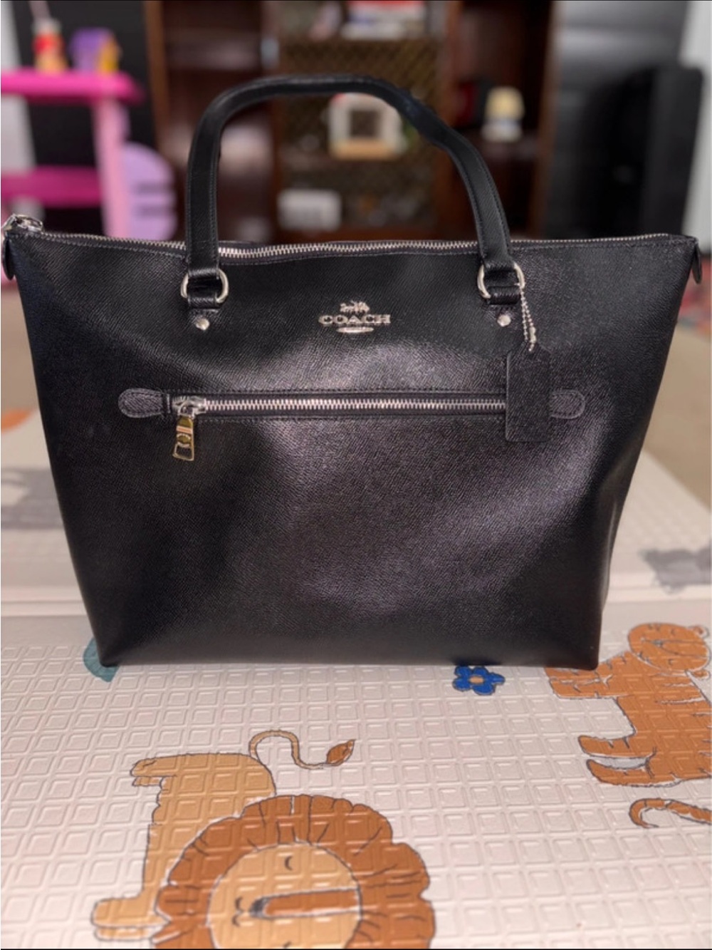 Coach Black Saffiano Leather Tote with Front Zip Pocket